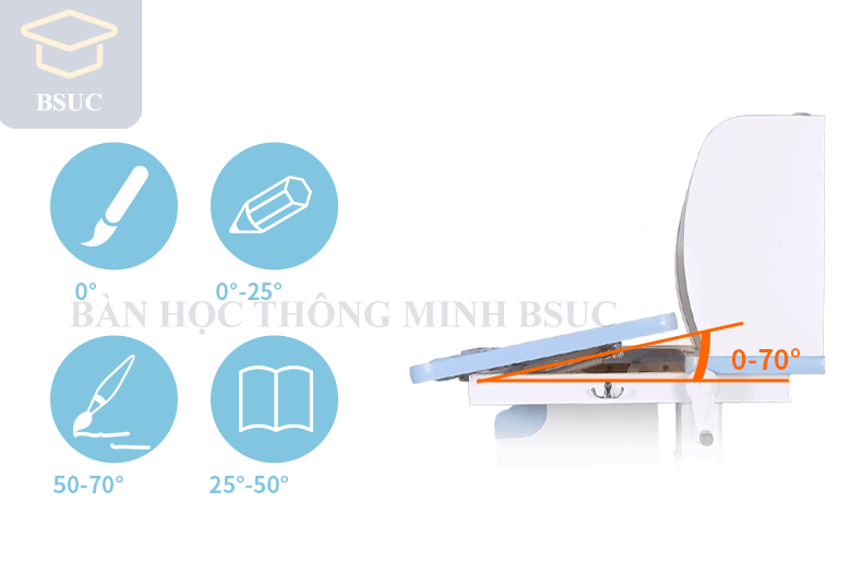 Chiếc bàn được thiết kế có thể chỉnh độ nghiêng của mặt bàn tạo thuận tiện cho trẻ ngồi đọc và học tập