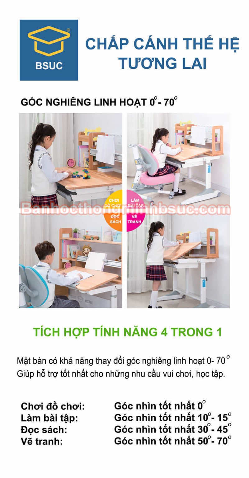 Mặt bàn thay đổi linh hoạt các góc từ 0 đến 70 độ Mặt bàn thay đổi linh hoạt các góc từ 0 đến 70 độ