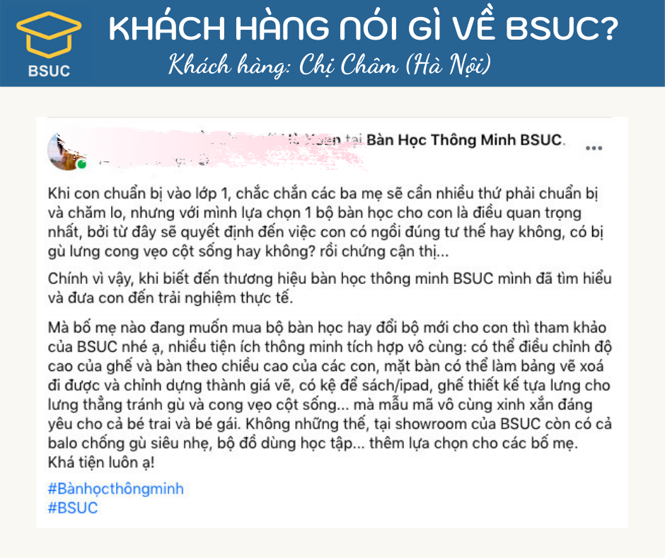 Khách hàng chị Châm (Hà Nội) chia sẻ đầy tâm huyết về bàn học BSUC.