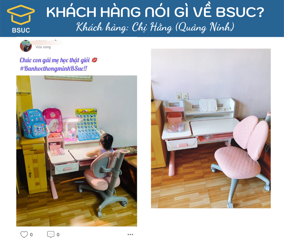Khách hàng chị Hằng (Quảng Ninh) đầu tư bàn JD-5100 và ghế DRY-808 màu hồng cho con gái.