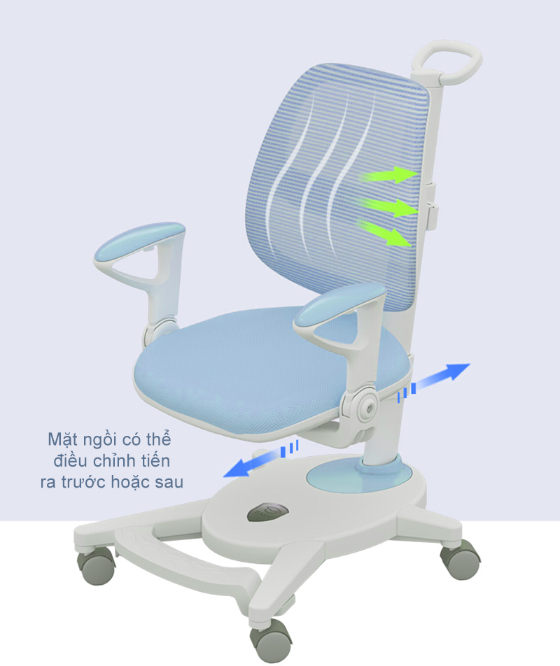 Mặt ngồi của ghế có khả năng điều chỉnh tiến ra trước và lùi phía sau linh hoạt