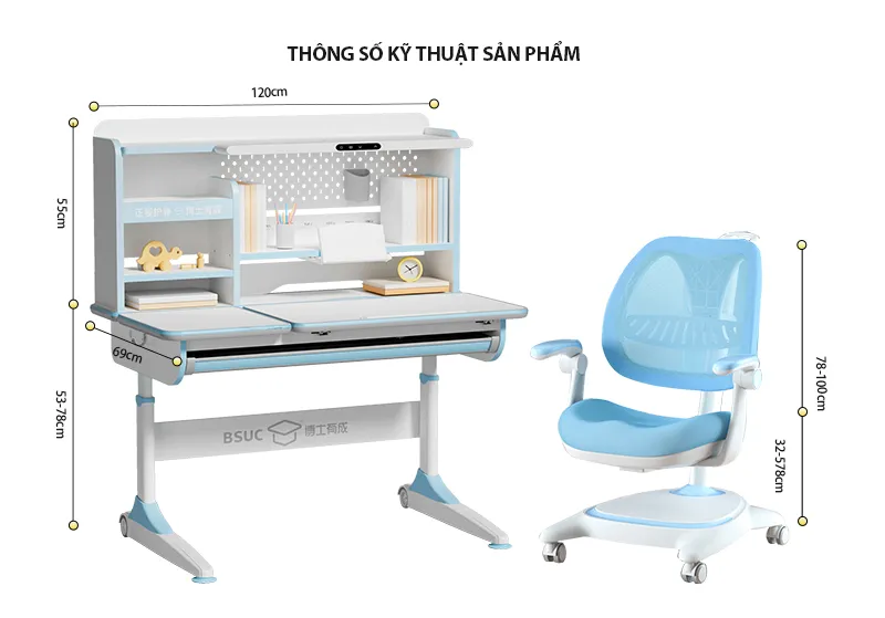 Bàn học thông minh tích hợp đèn phổ quang Ultra-12009 ghế DSY-1002 34 Thông số kỹ thuật bộ bàn Ultra-12009 ghế DSY-1002