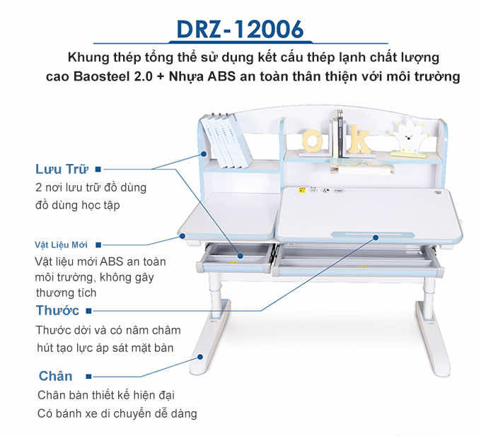 Thông số kỹ thuật của bàn học DRZ-12006 Thông số kỹ thuật của bàn học DRZ-12006