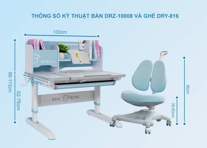 Kích thước của bộ bàn học chống gù DA-10008V1 ghế DA-816V1