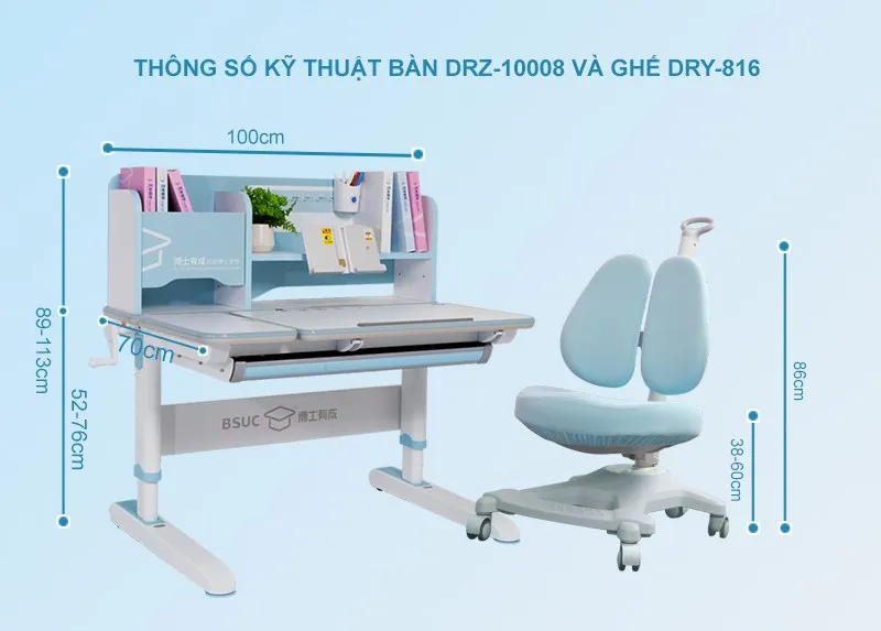 Kích thước của bộ bàn học chống gù drz-10008 ghế dry816