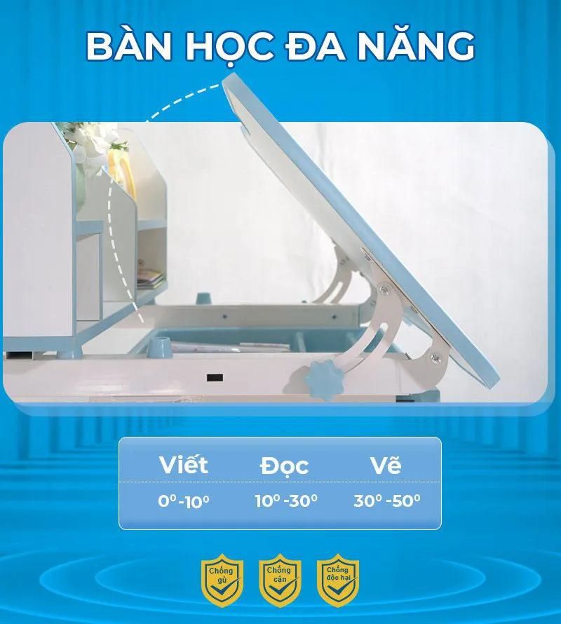 Mặt bàn có thể nghiêng hạ dễ dàng hỗ trợ việc học của bé