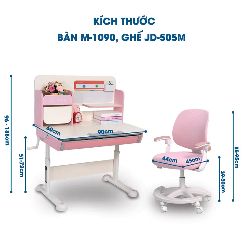 Kích thước của bàn M-1090 và ghế JD-505M