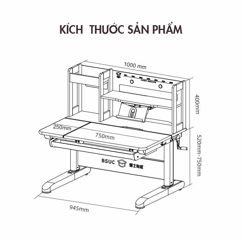 Kích thước của bàn học chống gù nâng hạ chiều cao mã DRZ-10002-S