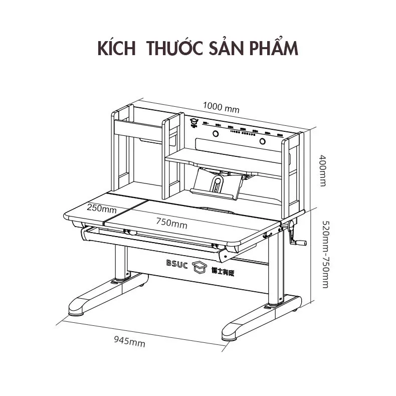 Kích thước của bàn học chống gù nâng hạ chiều cao mã DRZ-10002-S