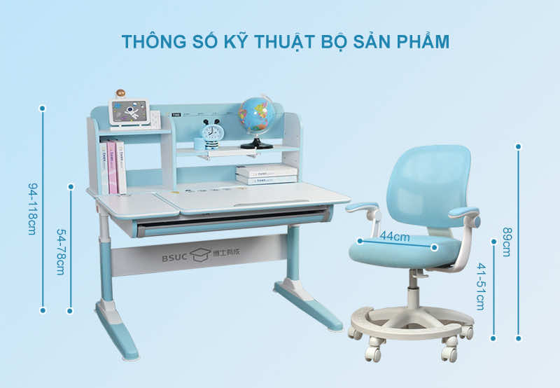Thông số kỹ thuật bàn học thông minh DRZ-10003 và ghế JD-505M