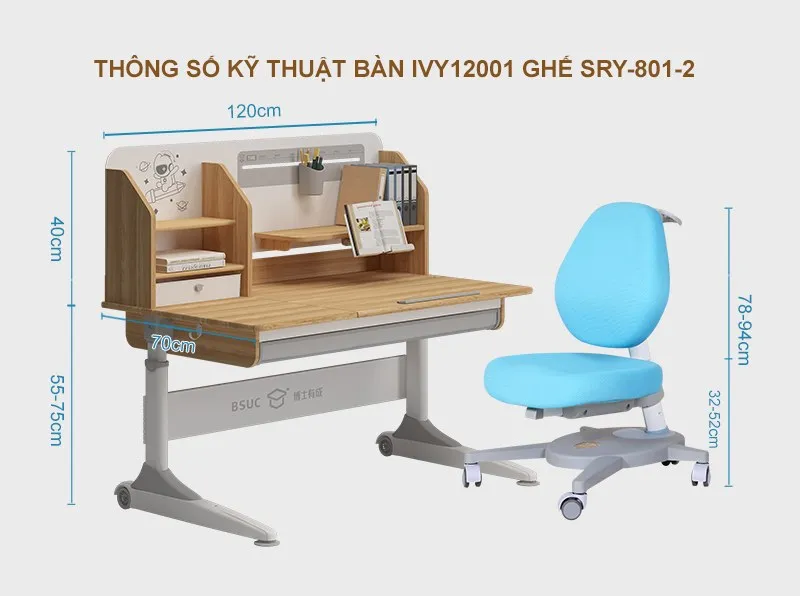 Thông số kỹ thuật của bàn học IVY-12001 và ghế DRY-801-2