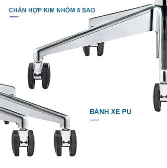 Đế chân hợp kim nhôm bền bỉ với bánh xe PU chống trượt