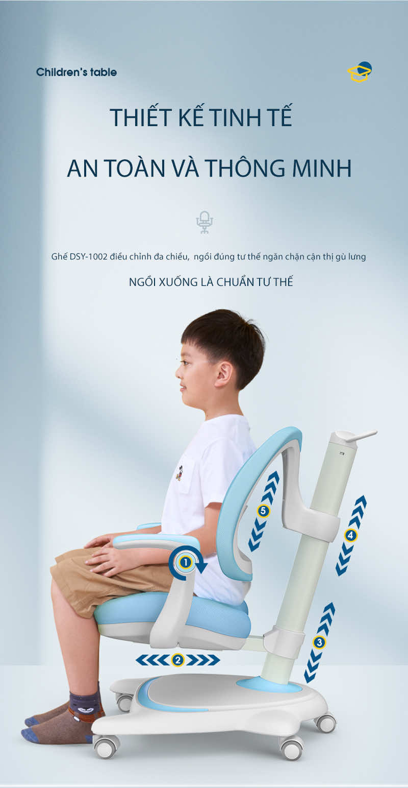 Khi sử dụng, trẻ cần đảm bảo lưng áp sát lưng ghế, đẩy hông về phía cuối ghế tạo tư thế thẳng lưng chuẩn