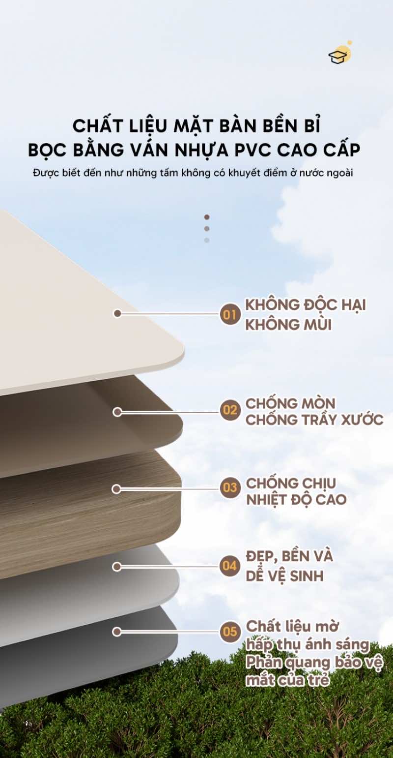 Chất liệu mặt bàn bền bỉ, phủ nhựa PVC cao cấp
