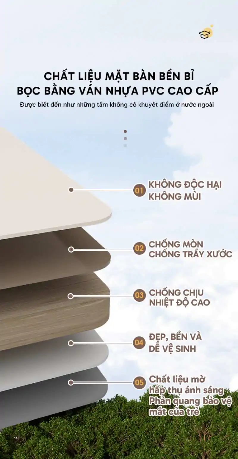 Chất liệu mặt bàn bền bỉ, phủ nhựa PVC cao cấp