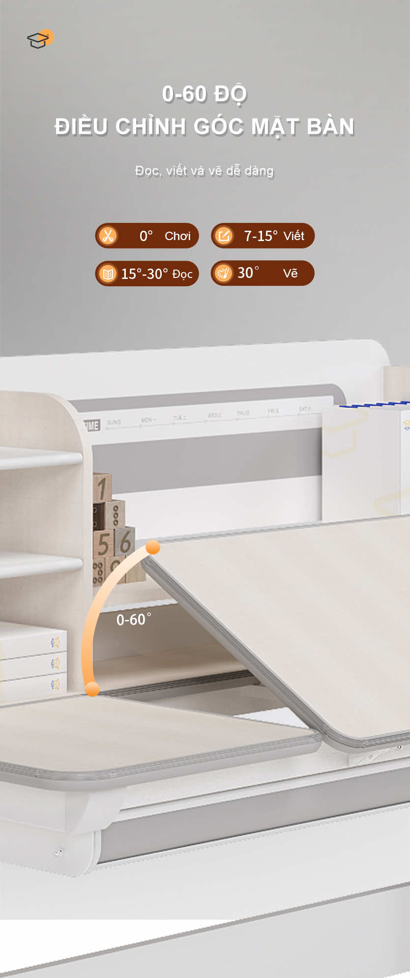 Bàn học điều chỉnh góc từ 0 đến 60 độ Bàn học điều chỉnh góc từ 0 đến 60 độ