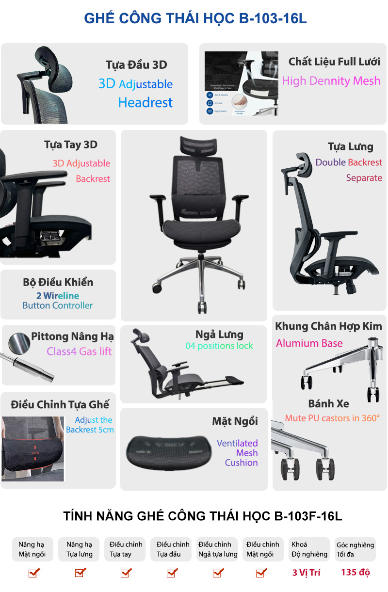 Ghế Công Thái Học Ergonomic B-103F-16L 2 Các Tính Năng Ghế Công Thái Học B 103 16L