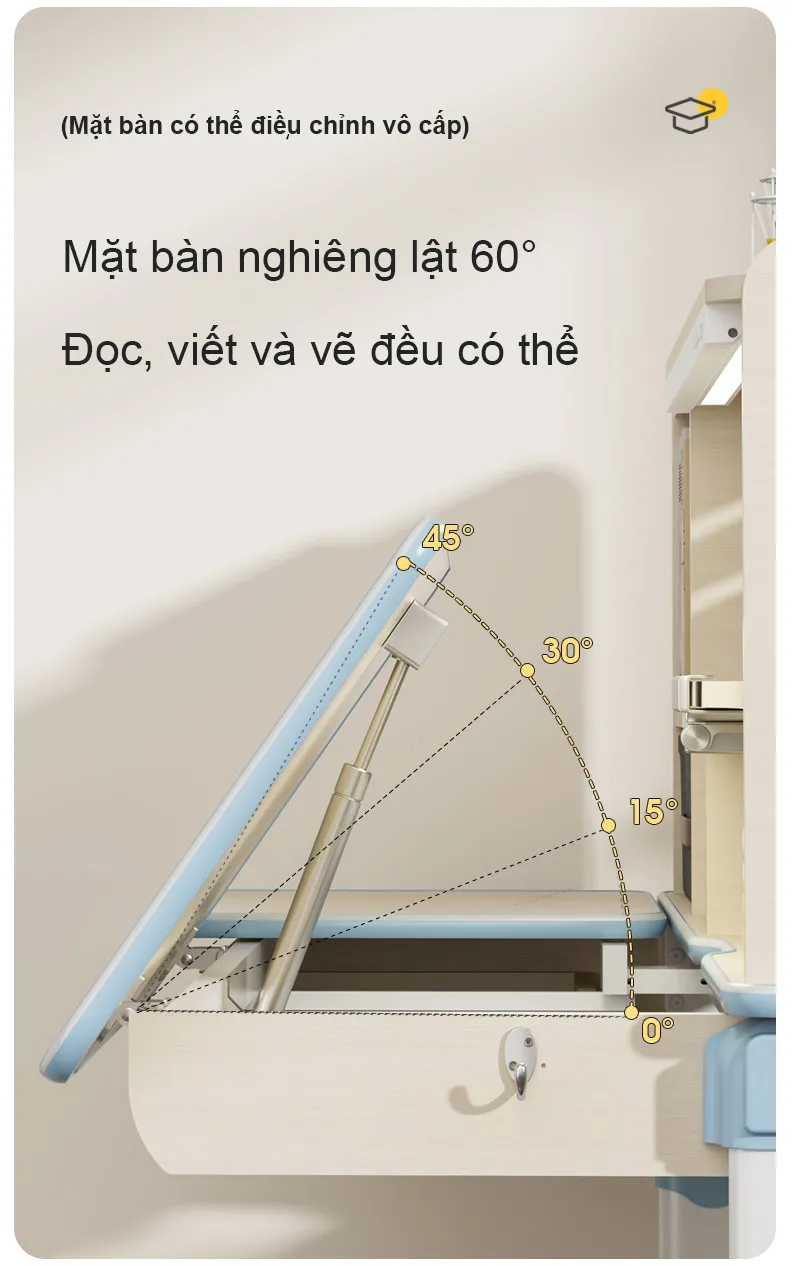 Mặt bàn có thể nghiêng các góc khác nhau Mặt bàn có thể nghiêng các góc khác nhau