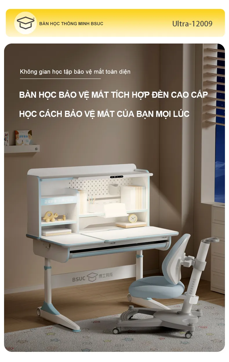 Bàn học chống gù tích hợp đèn học Ultra-12009 20 Bàn học Ultra12009 tích hợp đèn phổ quang cao cấp