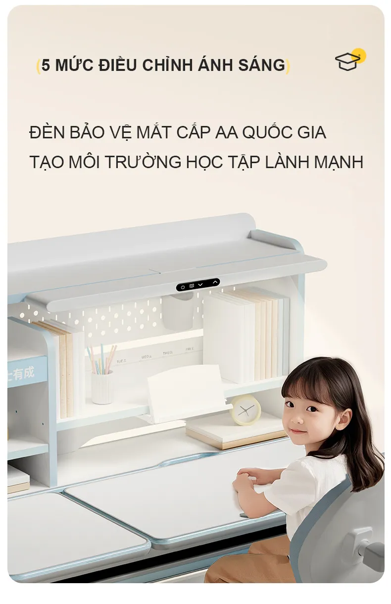 Bàn học chống gù tích hợp đèn học Ultra-12009 23 Đèn học bảo vệ mắt, 5 mức điều chỉnh ánh sáng