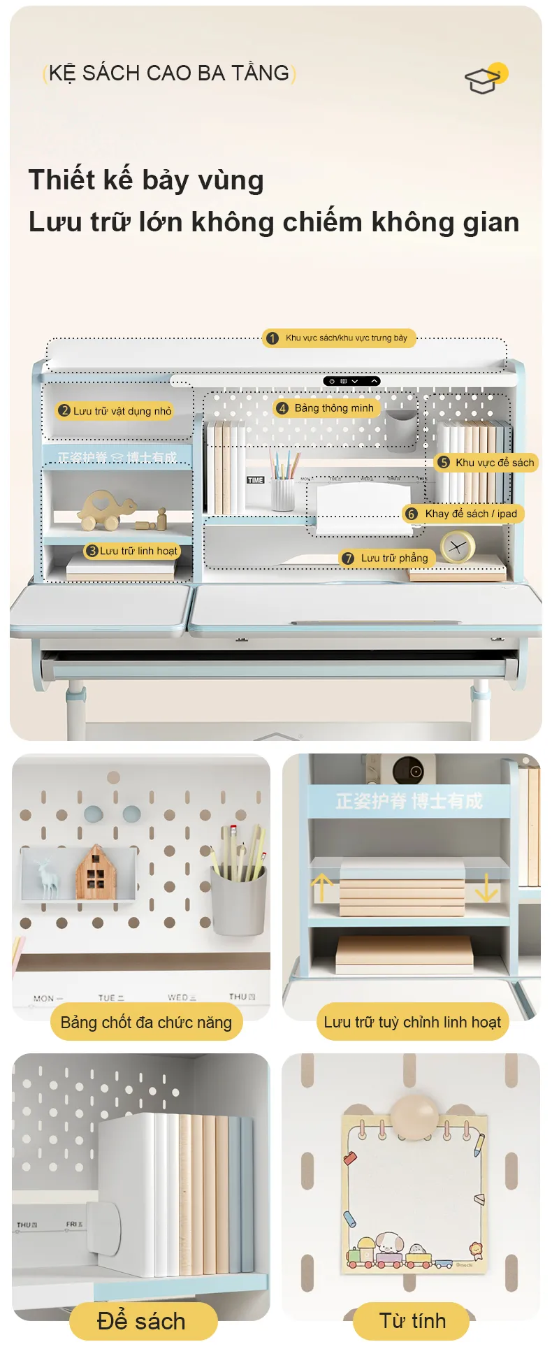 Bàn học chống gù tích hợp đèn học Ultra-12009 25 Kệ sách cao 3 tầng, không gian lưu trữ lớn