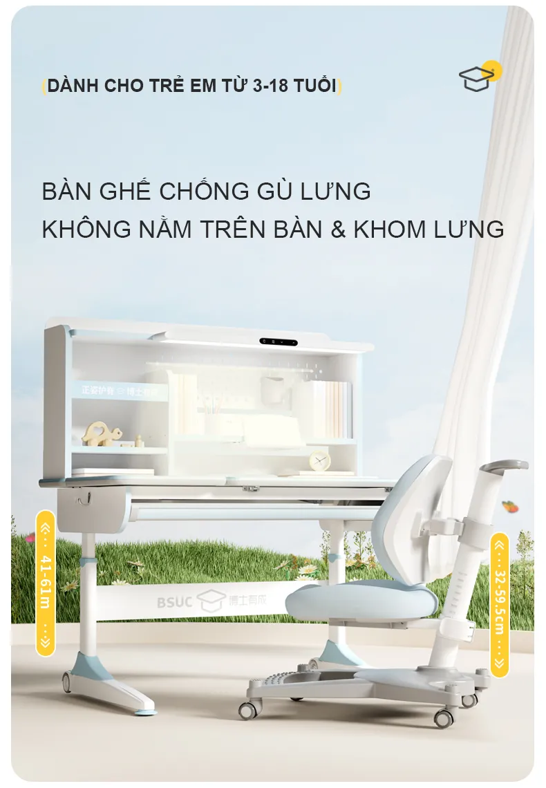 Bàn học chống gù tích hợp đèn học Ultra-12009 27 Bộ bàn ghế thông minh chống gù Ultra-12009 ghế DRY-618