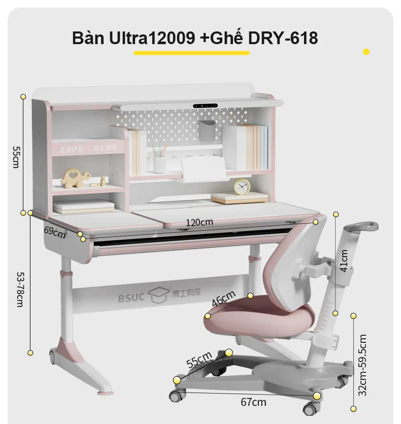 Bàn học chống gù tích hợp đèn học Ultra-12009 30 Thông số kỹ thuật của bộ bàn học Ultra-12009 ghế DRY-618